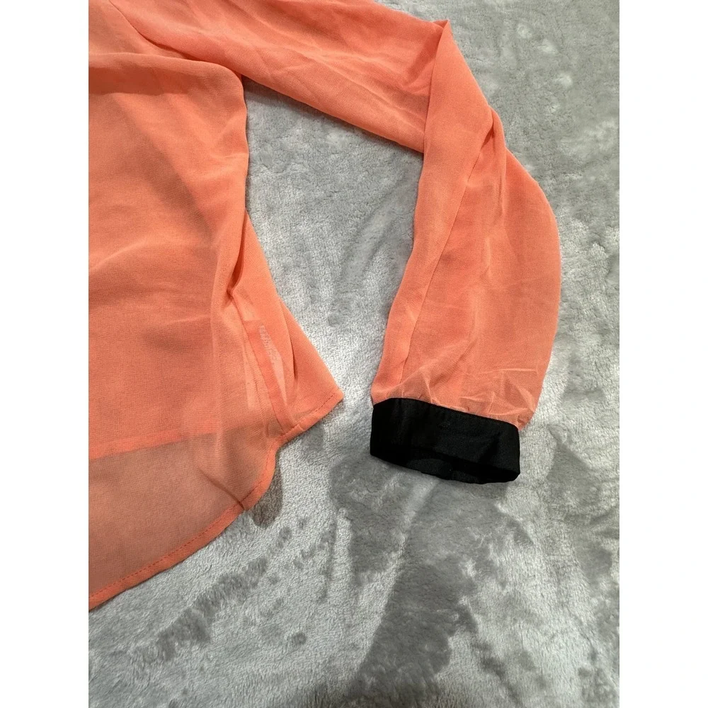 Forever 21 Top Blouse Women's Size Small Orange Long Sleeve Sheer Black Trim EUC